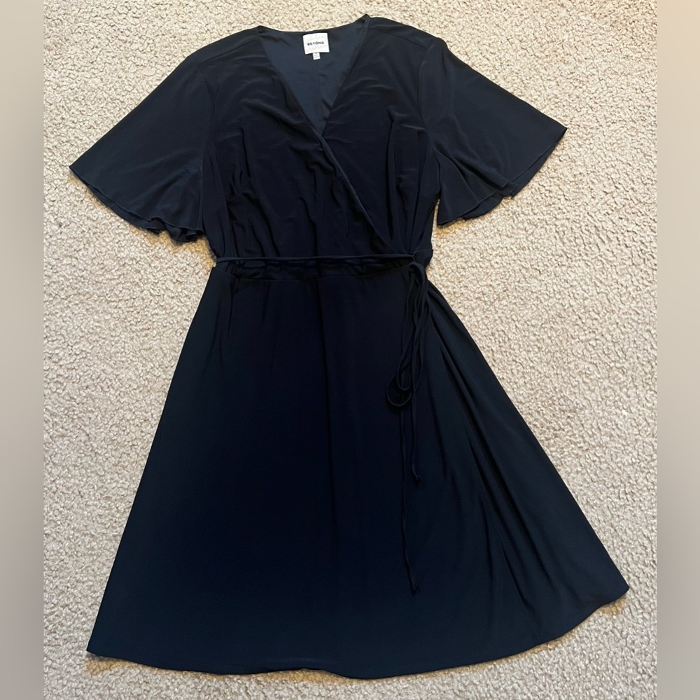 Beyond By Ashley Graham V Neck Faux Wrap Dress, Flutter Sleeves, Color: Black 1X